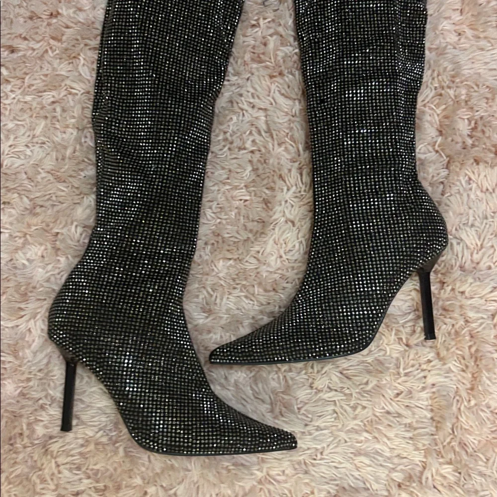 AQUA Black Rhinestone Over-the-Knee Thigh high Boots 8